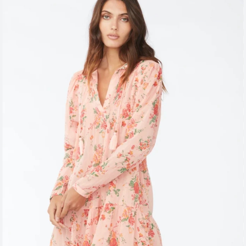 NWT SUNDAYS Jacques Blossom Print Pintuck Tassel Ties Cotton Gauze Mini Dress S